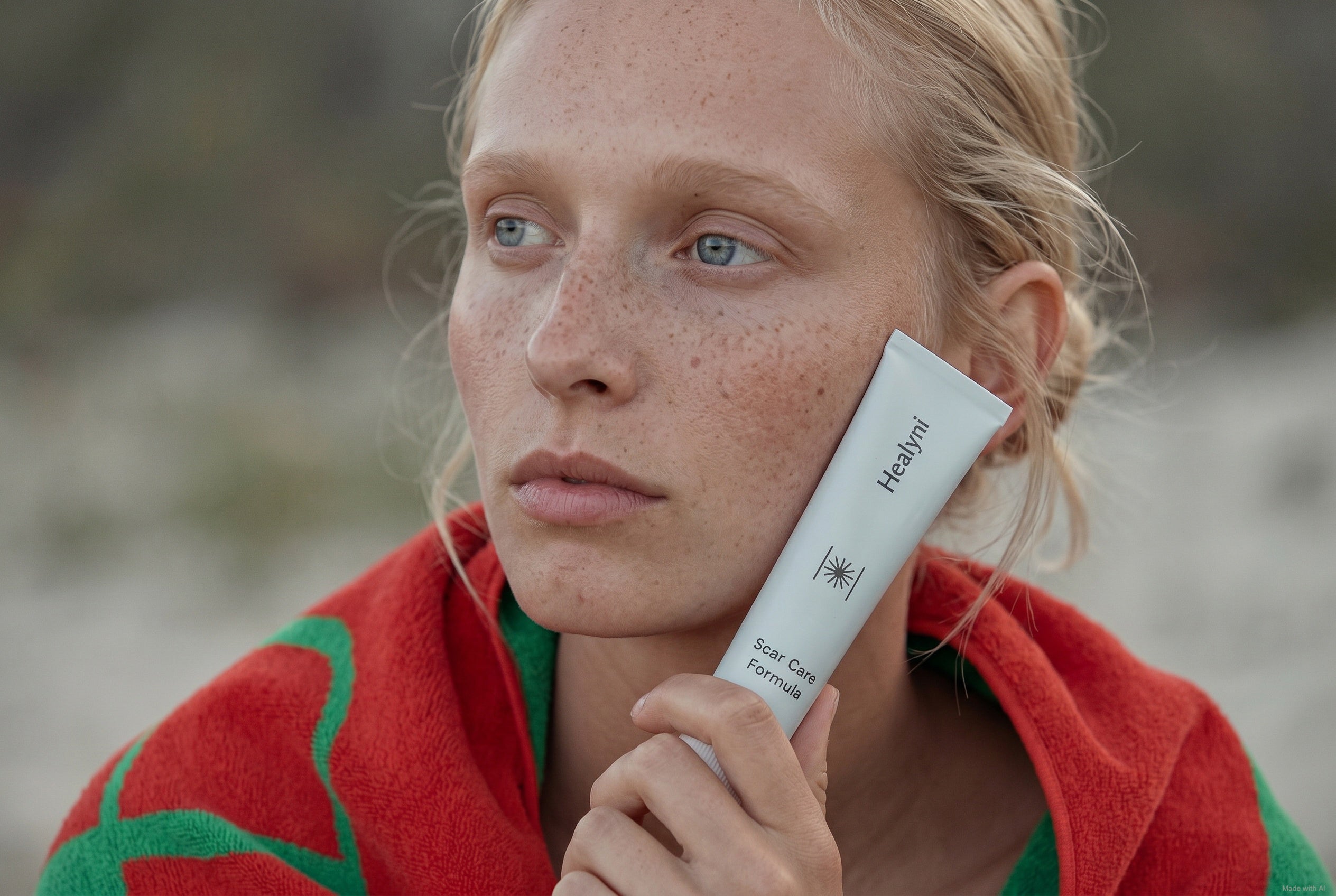 Frau hält eine Tube Healyni Scar Care Formula Narbencreme sanft an ihre Wange